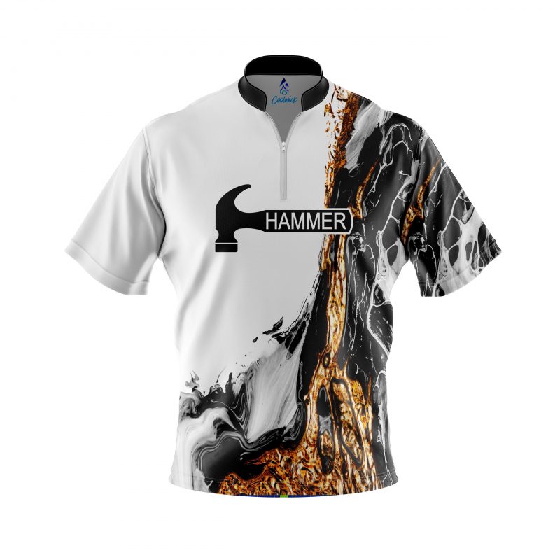 Hammer Black And Gold Liquid Marble Quick Ship CoolWick Sash Zip Bowling Jersey Questions & Answers