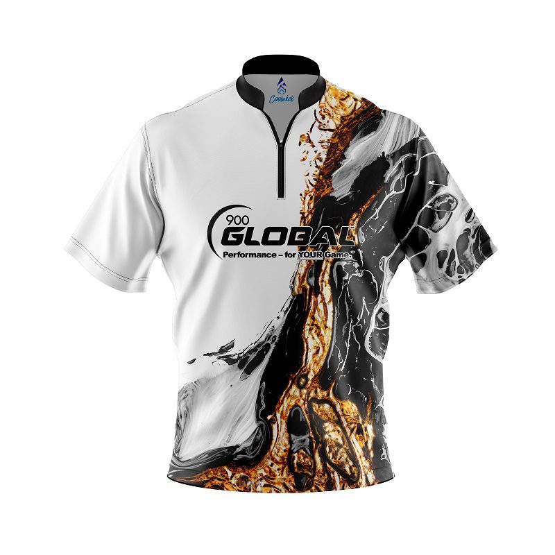 900 Global Black And Gold Liquid Marble Quick Ship CoolWick Sash Zip Bowling Jersey Questions & Answers