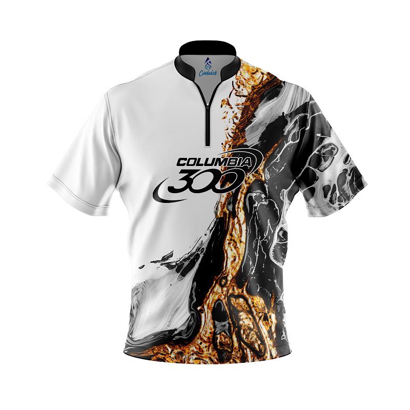 Columbia 300 Black And Gold Liquid Marble Quick Ship CoolWick Sash Zip Bowling Jersey Questions & Answers