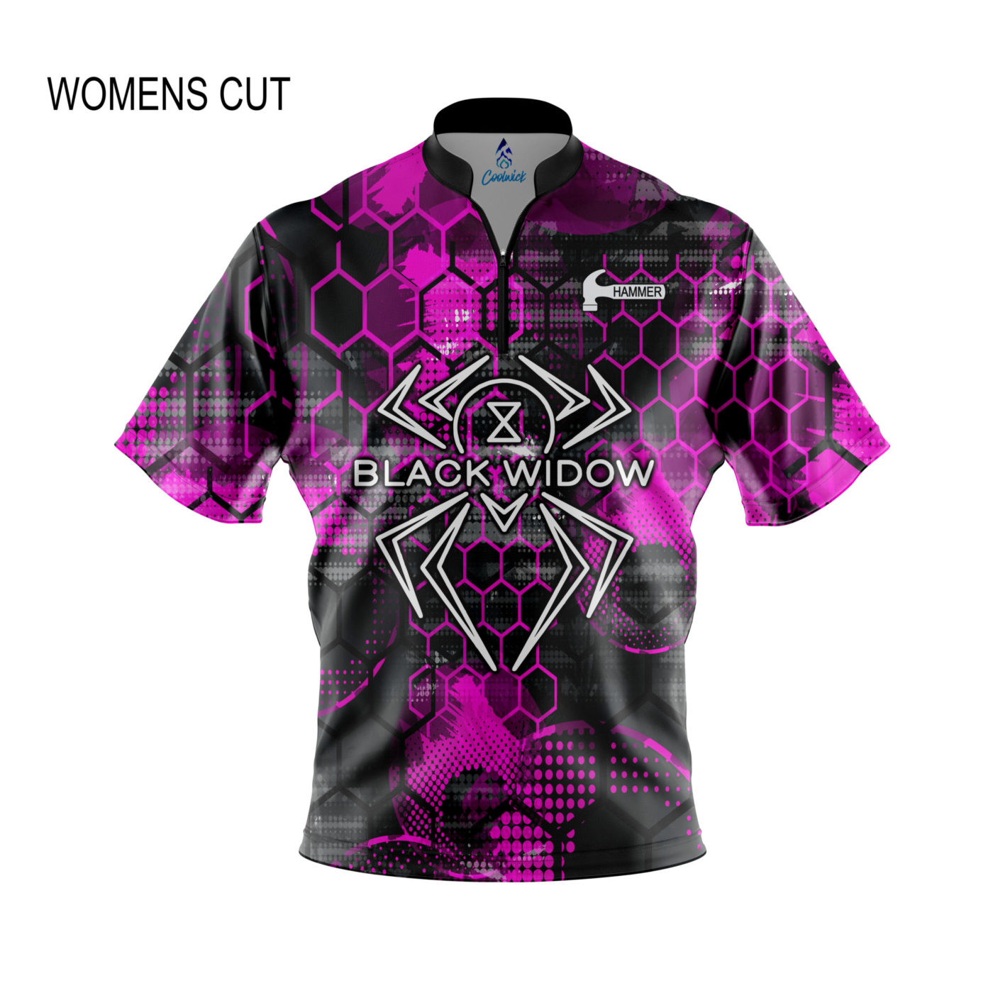 Hammer Black Widow Pink Honeycomb WOMEN'S Quick Ship CoolWick Sash Zip Bowling Jersey Questions & Answers